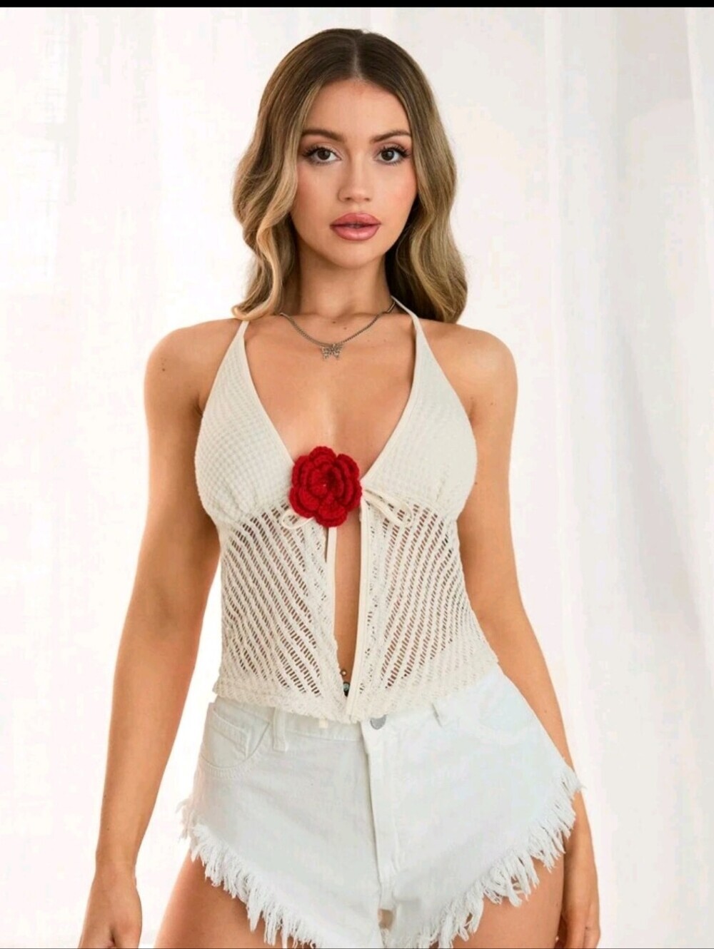 Crochet Tie-Front Halter Top with Red Flower Accent - Cream